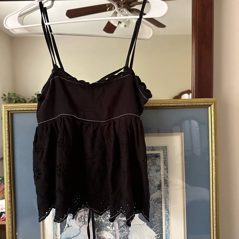 Zara Black Eyelet Tie Back Babydoll Top
